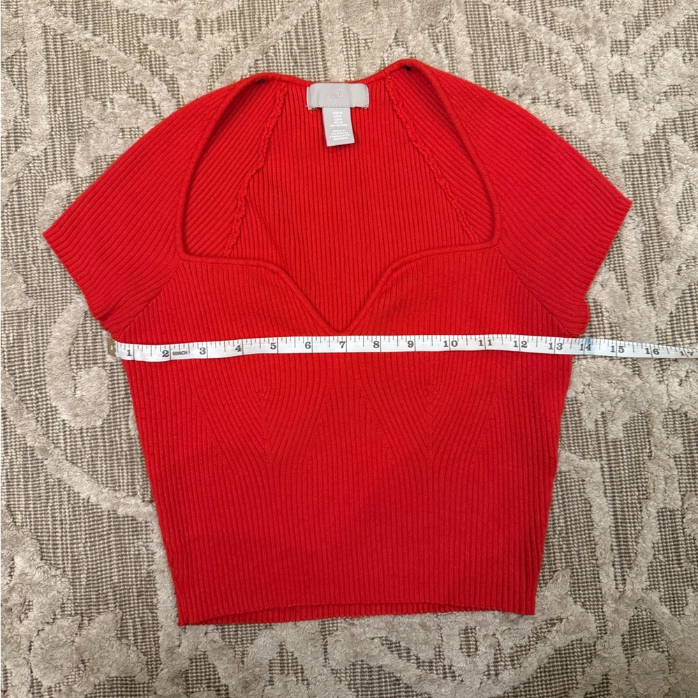 H&M Red Ribbed Notch-Neck Crop Top M - Picture 6 of 7